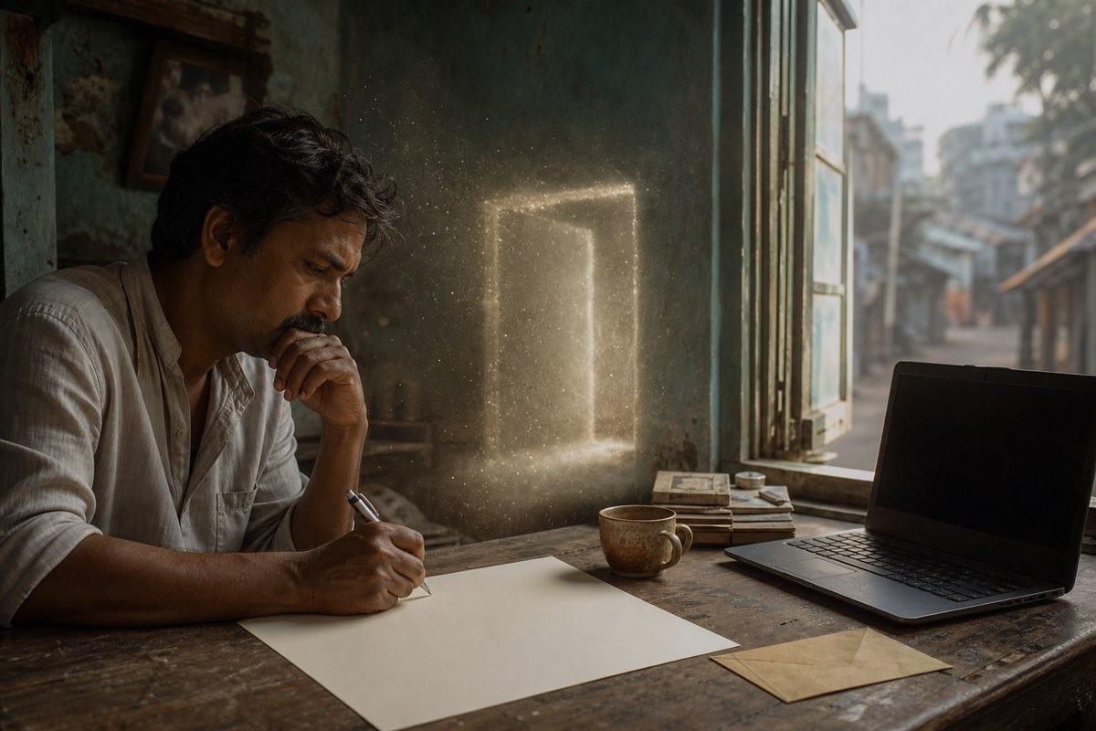 Bengali man touching pen to a blank page as dust forms a glowing doorway beside him