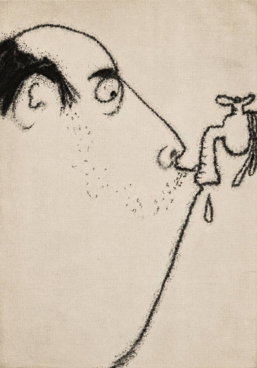 A sparse monochrome drawing of a long-nosed bald man leaning towards a wall tap on textured paper