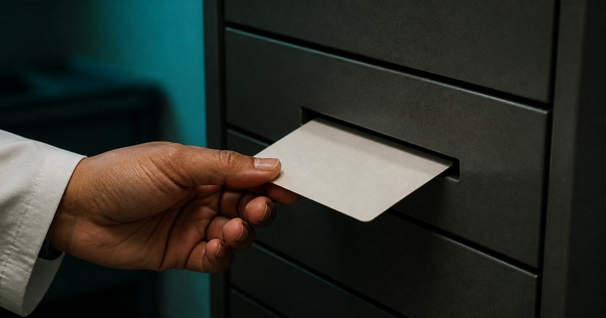 A human hand pauses a clinical data card at the edge of an opaque healthcare system.